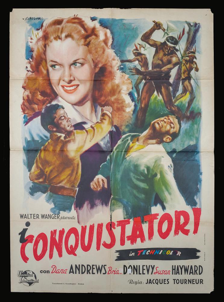 L'immagine riproduce uno dei manifesti conservati presso la Mediateca Regionale Pugliese (vedi Note). Si tratta di una delle due versioni grafiche del manifesto del film “I conquistatori” del 1946 per la regia di Jacques Tourneur. La firma che leggiamo in alto a sinistra appartiene all’illustratore bolognese Giorgio Olivetti. Classe 1908, Olivetti caratterizza le sue prime opere da uno stile morbido, sfumato, fatto di acquerelli delicati che rendono il volume anche grazie ad un uso sapiente dei chiaroscuri. Qui il manifesto presenta più momenti narrativi, ma rispetto all'altra versione sempre a sua firma, mette in risalto il ritratto realistico della protagonista femminile Susan Hayward, mentre sullo sfondo e in primo piano crea movimento con le scene di lotta nel villa...