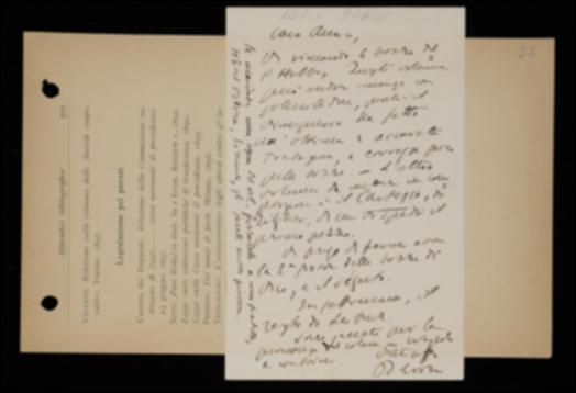 Benedetto Croce, inviando a Giovanni Laterza le bozze del volume di Thomas Hobbes, loda il curatore Mario Vinciguerra per l'ottimo lavoro svolto; avverte inoltre che bisogna iniziare la composizione del volume di René Descartes curato da Adriano Tilgher, sollecita le bozze del volume di Giambattista Vico e assicura che in settimana il resto del volume di Gottfried W. Leibniz sarà inviato a Bari. Il filosofo infine, lamentando la persistenza del colera a Napoli e dintorni, prega l'editore di spedire al fratello Alfonso Croce una copia del volume di Giuseppe Ferrarelli.