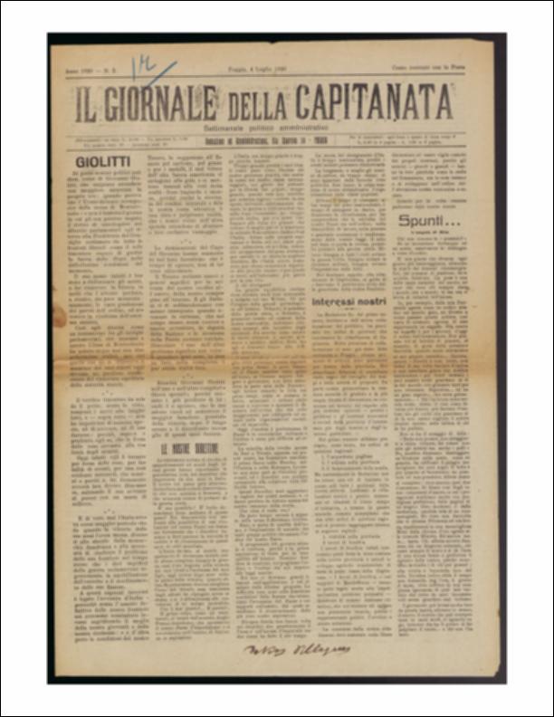 Il documento è parte della collezione del fondo libri digitalizzati della Biblioteca provinciale La Magna Capitana di Foggia, comprendente alcune monografie di diversi secoli e periodici del Novecento. Nello specifico si tratta del secondo numero del periodico “Il Giornale della Capitanata - Settimanale politico amministrativo”, pubblicato il 4 luglio 1920. In prima pagina si ritrova un articolo sull'insediamento di Giovanni Giolitti alla sua ultima permanenza al governo. Sempre in prima pagina, interessante la presenza di una colonna dedicata agli “Spunti…” riservata all'Angolo di Mite, nel quale ritroviamo l'analisi di una “categoria di donna” che in quel tempo era molto diffusa: la “posatrice”, paragonata a delle piante che si alimenta di “drammi cinematografici, rom...
