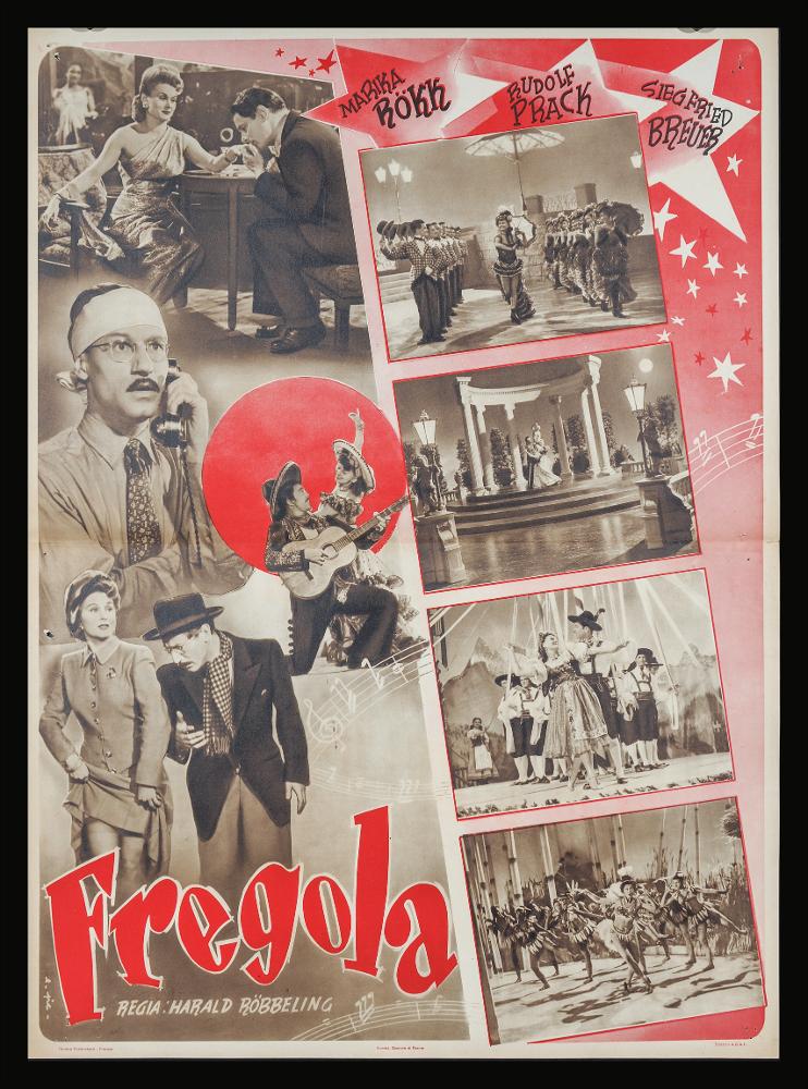“Fregola” è un film musicale austriaco del 1948 diretto da Harald Röbbeling e interpretato da Marika Rökk, Rudolf Prack e Siegfried Breuer. Si tratta di un film di ritorno per la Rökk, una delle star più popolari del Terzo Reich, che non girava film dal 1944. Fu girato presso gli studi Sievering di Vienna.
La fotobusta, firmata dall'illustratore e.pic. in basso a sinistra, presenta un collage di divertenti fotografie di scena in bianco e nero inserite su uno sfondo rosso sfumato decorato con stelle e note musicali. In basso a sinistra campeggia il titolo del film a grandi caratteri rossi.
La fotobusta originale è conservata nell’Archivio della Mediateca Regionale Pugliese....