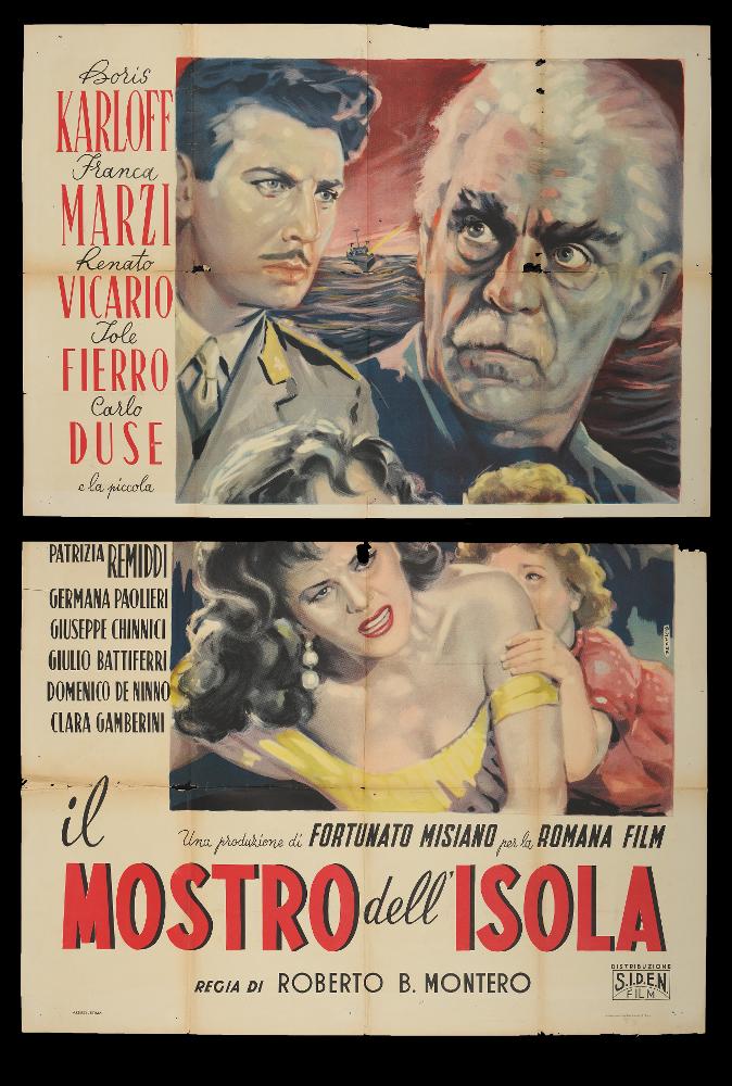 L'immagine riproduce uno dei manifesti conservati presso la Mediateca Regionale Pugliese (vedi Note). Si tratta di una delle versioni grafiche del manifesto del film “Il mostro dell'isola” del 1954, a firma di De Amicis (Aldo De Amicis) come si evince dalla firma sulla destra. Illustratore romano, ha iniziato la sua carriera come vignettista del periodico a fumetti “Il Vittorioso”, opportunità questa che gli permise una maturazione stilistica che lo rese più sicuro e pronto per il mondo della cartellonistica. La composizione colpisce per i colori fumosi sui toni dei grigi e morbidi, per i contrasti leggeri che formano figure e scene realistiche. De Amicis mostra un grande amore per i dettagli, come si evince dallo sfondo con le onde del mare (di Ischia) al tramonto. Per...