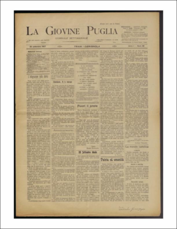 Il documento è parte della collezione del fondo libri digitalizzati della Biblioteca provinciale La Magna Capitana di Foggia, comprendente alcune monografie di diversi secoli e periodici del Novecento. Nello specifico si tratta del num. 38 dell'anno I de “La Giovine Puglia. Giornale socialista settimanale” del 20 settembre 1907. La prima pagina di quel numero (20 settembre) fu dedicata con diversi articoli al XX settembre, data che re Umberto proclamò come festa nazionale. La festa del XX settembre, si legge, ovvero la liberazione di Roma "è l'evento civile più grande dell'epoca nostra, dev'essere per il popolo italiano, oggi e sempre la celebrazione solenne del pensiero libero, civile. E pertanto va considerata degnamente e non come una semplice e solita manifestazione...