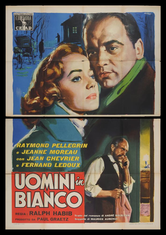 L'immagine riproduce uno dei manifesti conservati presso la Mediateca Regionale Pugliese (vedi Note). Si tratta di uno dei manifesti del film “Uomini in bianco” del 1955 per la regia di Ralph Habib. La firma che leggiamo sul lato a destra appartiene all’illustratore Manno (Manno Dante) pittore formatosi all'Accademia di Belle Arti, dove fu allievo di Duilio Cambellotti. Questo influenzerà la sua carriera, dedicandosi totalmente alla pittura di cinema, sua grande passione fino alla crisi degli anni '70. L'uso degli acquerelli e della tempera, di colori compatti e pastosi rendono le sue figure ben definite e morbide, unendo un certo stile classico e accademico ad una grafica moderna. Manno, come molti altri pittori dell'epoca dediti alla pittura per manifesti, si fece int...