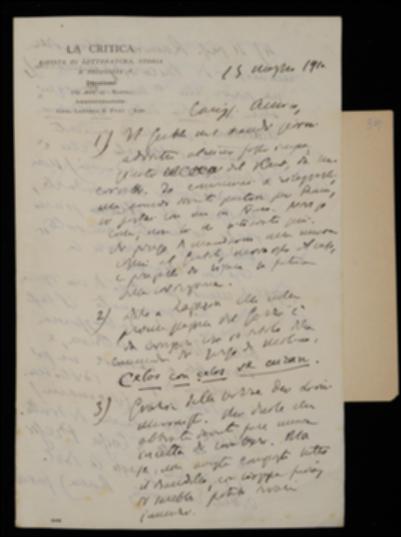 Benedetto Croce scrive a Giovanni Laterza pregandolo di spedire a Giovanni Gentile una seconda copia di alcune bozze del volume di Immanuel Kant, essendosi smarrita quella inviata a suo tempo; gli indica poi alcune correzioni che Riccardo Zagaria dovrà apportare al volume di Carlo Gozzi e lo ringrazia per aver accelerato la composizione del suo volume sui lirici marinisti acquistando nuovi caratteri tipografici. Croce inoltre, facendosi portavoce di Ramiro Ortiz, prega il Laterza di provvedere affinché l'editore Hoepli spedisca alla Biblioteca dell'Accademia Rumena i fascicoli de “La Critica” più volte richiesti. Infine il filosofo, ringraziando l'editore barese per il rendiconto ricevuto, gli propone di pubblicare la traduzione italiana curata da Eloisa Pressi del volu...