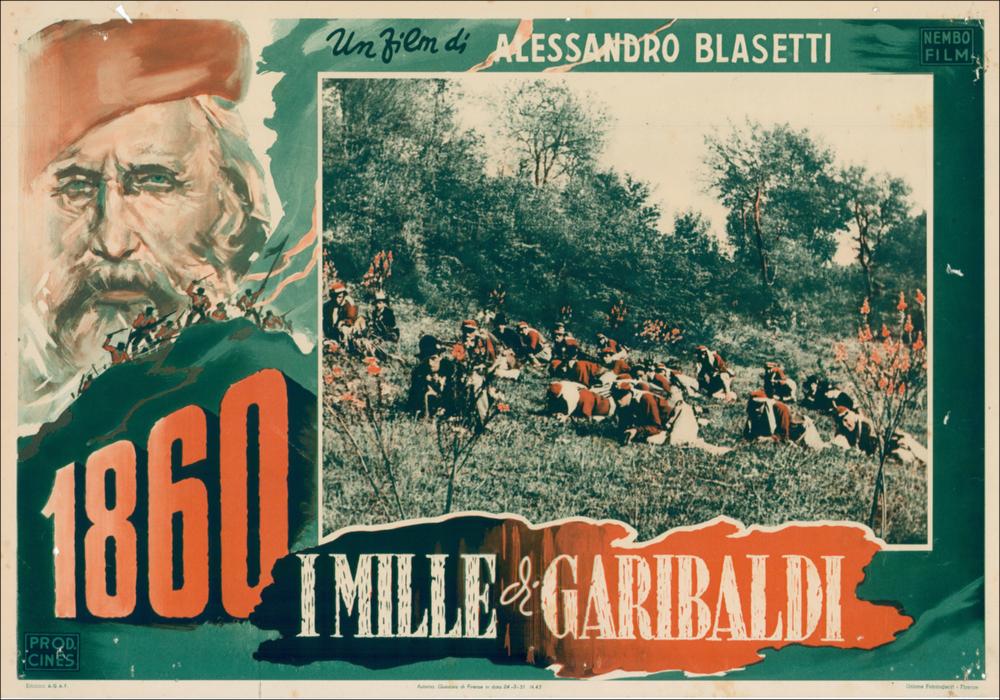 L'immagine è una riproduzione digitale del manifesto cinematografico del film “1860 - I Mille di Garibaldi”, prodotta in seguito all'evento "Cinema 150 anni. Mostra di manifesti d'epoca sul Risorgimento". La mostra, allestita negli spazi della Mediateca Regionale di Bari, è stata realizzata nel 2011 dall'Ufficio Attività culturali e audiovisivi, afferente al Servizio Cultura e Spettacolo della Regione Puglia, in occasione delle celebrazioni dei 150 anni dell'Unità d'Italia. In Mediateca sono conservate una serie di fotobuste e una prestigiosa locandina dipinta dal famoso pittore, illustratore e grafico Angelo Cesselon. La fotobusta in oggetto riporta una scena all'aperto della battaglia di Calatafimi, combattuta nel maggio 1860 in Sicilia, sulle colline dell'agro segest...