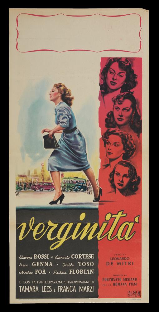 L'immagine riproduce uno dei manifesti conservati presso la Mediateca Regionale Pugliese (vedi Note). Si tratta della locandina del film italiano "Verginità", di cui si conserva in collezione anche il manifesto, entrambi a firma di Longi. Come in molte composizioni pittoriche, l'artista mette in risalto la figura femminile, facendosi interprete di quella tendenza degli anni '50 nella quale la bellezza della donna è esaltata sia nei film sia nella pittura da cinema. Splendida la figura di Gianna, la protagonista, una ragazza di campagna in cerca di fortuna nel mondo dell'intrattenimento e che Longi raffigura mentre corre in uno sfondo cittadino molto luminoso, donando dinamismo e intensità a tutta la composizione. Accanto, su uno sfondo rosso, una serie di donne che Gian...