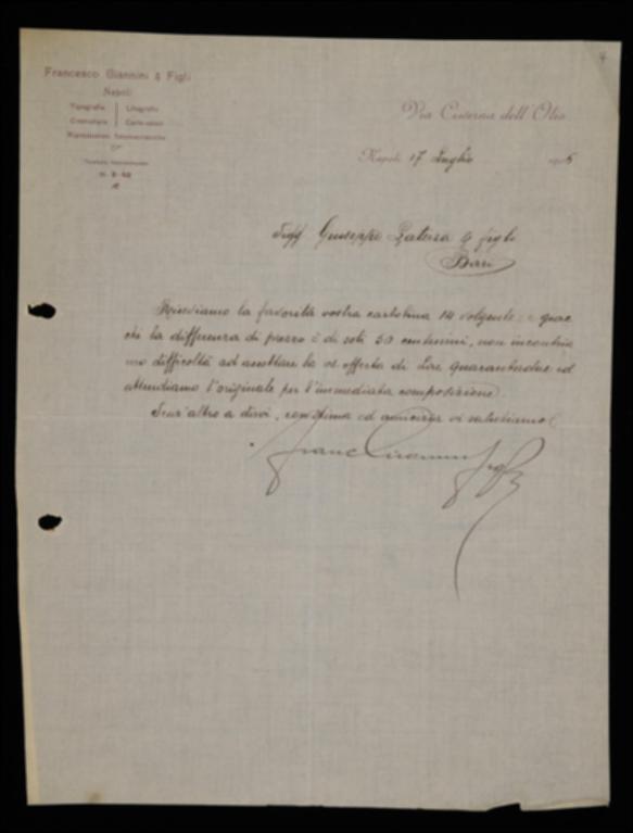 Nella lettera, Francesco Giannini comunica all'editore Laterza di accettare la sua ultima proposta di compenso per la stampa del volume "Hellás" di Amatucci e sollecita la spedizione degli originali per la composizione.