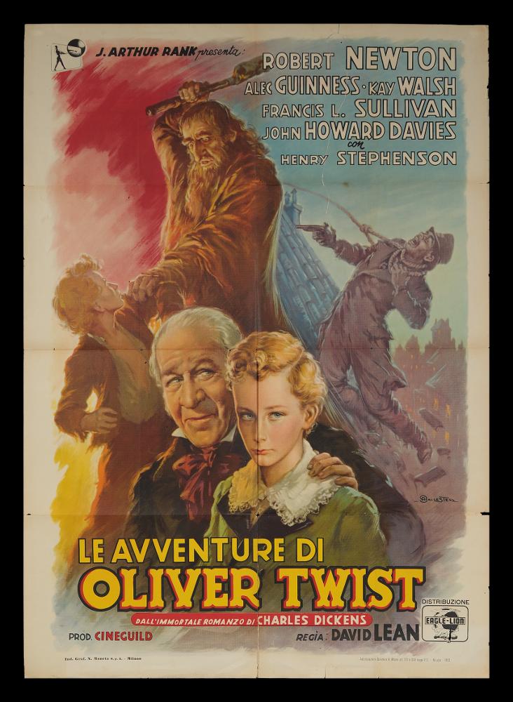 L'immagine riproduce uno dei manifesti conservati presso la Mediateca Regionale Pugliese (vedi Note). Si tratta di una delle versioni grafiche del manifesto del film “Le avventure di Oliver Twist”, del 1948 per la regia di David Lean, a firma di Ballester (Anselmo Ballester), come si legge in basso a destra. Classe 1897, spagnolo di origine, è considerato tra i capostipiti della pittura di cinema per la sua formazione presso lo studio pubblicitario dedicato al cinema fondato dal padre Federico insieme a Martinati e Capitani. La composizione grafica presenta tre livelli di lettura e non è caratterizzata, come altri manifesti dell’autore, da toni molto scuri e cupi, seppur ugualmente emerge la drammaticità del racconto trasposto per immagini. In primo piano Henry Stephens...