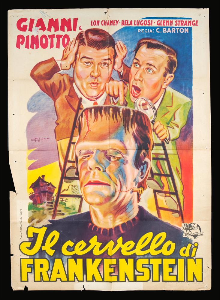 “Il cervello di Frankenstein” (Bud Abbott Lou Costello Meet Frankenstein) è un film commedia del 1948 diretto da Charles Barton, su sceneggiatura di Robert Lees, Frederic I. Rinaldo e John Grant.
È il primo film in cui Gianni e Pinotto incontrano personaggi famosi del cinema horror. In questa pellicola recitano Bela Lugosi nel ruolo di Dracula, Glenn Strange come il mostro e Lon Chaney Jr. come l'uomo lupo.
Il film ha ottenuto riconoscimenti importanti, essendo stato incluso nel 2001 dalla Biblioteca del Congresso degli Stati Uniti nella lista di quelli "culturalmente significativi" e incluso nel National Film Registry. Nel 2000 l'AFI lo ha inserito al cinquantaseiesimo posto nella classifica delle cento migliori commedie americane di tutti i tempi.
Il manifesto cinemat...