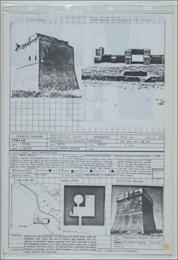 La scheda in oggetto è parte del volume “Censimento delle opere fortificate in Puglia”, risultato dell'attività promossa dalla Regione Puglia tra il 1981 e il 1982, per individuare e descrivere le principali costruzioni in muratura presenti nel territorio. Composta da due fogli sciolti, è redatta da Francesca Faglia il 19 settembre 1981. Torre Chianca è situata a Nardò in provincia di Lecce in area rurale. La torre rappresenta uno dei nove esemplari della serie di Nardò e risale al XVII secolo. La costruzione si presenta con base troncopiramidale con un unico ingresso tramite porta levatoia. Il prospetto evidenzia il restringimento della struttura muraria attraverso un cordolo marcapiano; superiormente il coronamento (ricostruito durante i lavori di restauro intorno al ...