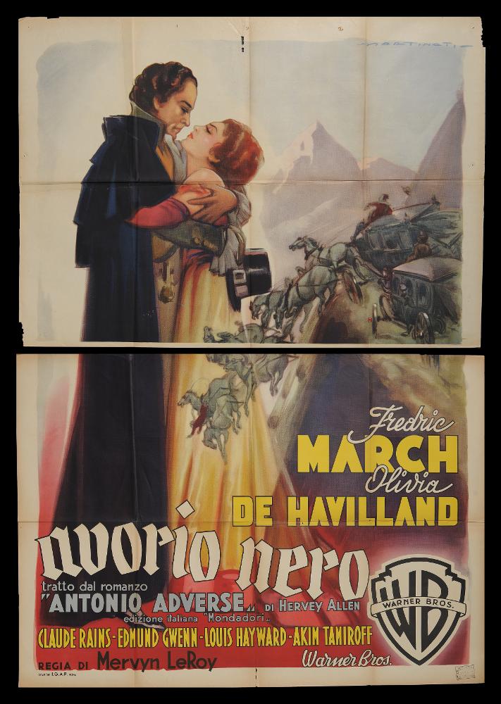L'immagine riproduce uno dei manifesti conservati presso la Mediateca Regionale Pugliese (vedi Note). Si tratta del manifesto, dalle grandi dimensioni (200x140), del film drammatico in bianco e nero "Avorio nero” del 1936, per la regia di Mervyn LeRoy. La firma che si legge in alto a destra è dell’illustratore Luigi Martinati, toscano di nascita, da considerarsi uno degli interpreti della prima maniera del manifesto di cinema. Possiamo osservare alcuni degli elementi che contraddistinguono lo stile del pittore come i giochi di contrasto con colori netti, i dettagli sui grandi volti realizzati con tinte dalle gamme dorate. Nello specifico in questa composizione Martinati riesce a rendere visivamente tutta la tensione e la passione vissuta tra la coppia di protagonisti, r...