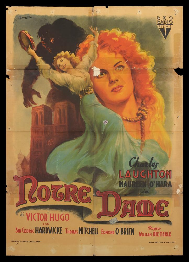 L'immagine riproduce uno dei manifesti conservati presso la Mediateca Regionale Pugliese (vedi Note). Si tratta di una delle versioni grafiche del manifesto del film in bianco e nero “Notre Dame”, del 1939 per la regia di William Dieterle. Il manifesto è a firma di Ballester Anselmo (Ballester), classe 1897, spagnolo di origine, considerato uno dei capostipiti della pittura di cinema, formatosi presso lo studio pubblicitario dedicato al cinema fondato dal padre Federico insieme a Martinati e Capitani, il primo assoluto in Italia. Le opere più famose di Ballester sono composte di atmosfere nebbiose ed effetti drammatici, colori cupi e tonali. Per il manifesto in oggetto, Ballester dà spazio quasi totale alla bellissima protagonista Esmeralda, ritratta sia a figura intera...