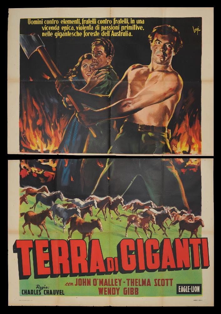 L'immagine riproduce uno dei manifesti conservati presso la Mediateca Regionale Pugliese (vedi Note). Si tratta di una delle versioni grafiche del manifesto del film australiano "Terra di giganti", a firma di Longi (Carloantonio Longi). Pittore ed illustratore poliedrico che molto si ispirò ad Anselmo Ballester, Longi si dedicò all'arte della cartellonistica, diventando uno tra i più produttivi artisti del Novecento, sperimentatore di diversi stili, dallo sfumato più classico degli anni Trenta, fino agli stili più contemporanei e lineari. Il manifesto di grande impatto visivo esalta la drammaticità di alcune scene, il fuoco sullo sfondo gli permette di giocare con la luce ed illuminare con sapienti giochi di chiaroscuro i volti e il corpo dei protagonisti. Tutto l'insie...