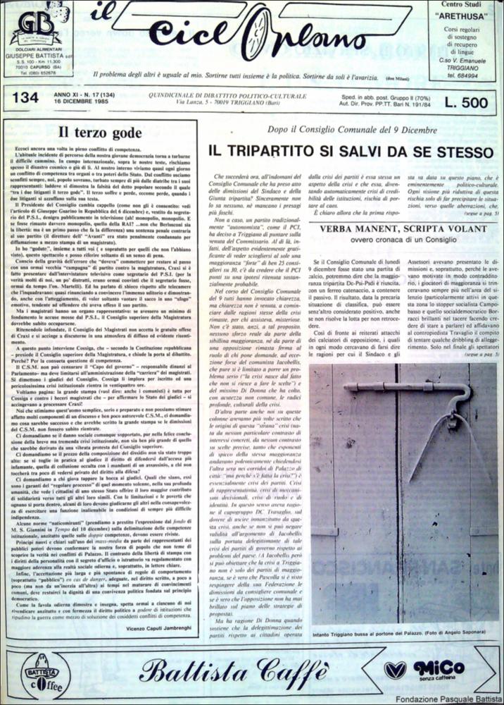 “Il Cicloplano” è un periodico della città di Triggiano (Ba), un quindicinale di dibattito politico-culturale e di cronaca locale e non solo dagli anni Settanta agli anni Ottanta.
La Fondazione Pasquale Battista si è occupata della digitalizzazione di alcuni numeri del suddetto periodico, allo scopo di conservare tale importante documentazione sulla storia di questa città.
La Fondazione, infatti, persegue la mission di incentivare la diffusione del patrimonio culturale locale e di diffondere le idee e la sensibilità dello storico Pasquale Battista, a cui la Fondazione è dedicata, per tramandare nel tempo il suo impegno sociale e la sua dedizione....