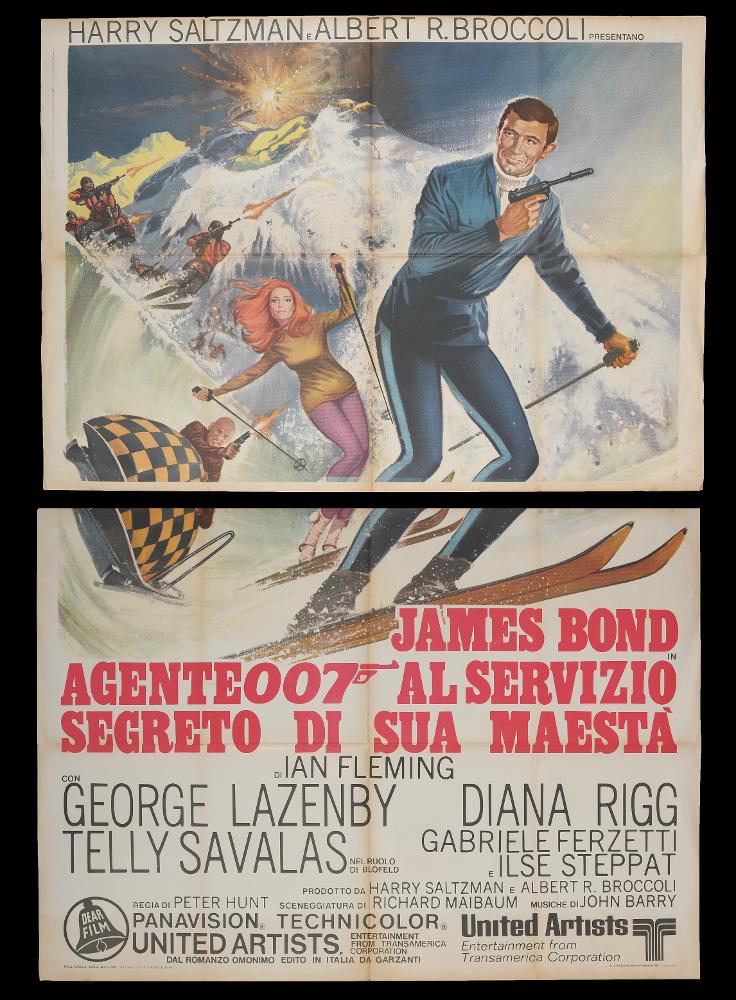 L'immagine riproduce uno dei manifesti conservati presso la Mediateca Regionale Pugliese (vedi Note). Si tratta del manifesto del film "Agente 007. Al servizio segreto di sua maestà", il 6° film della fortunata saga di James Bond. In stile pittorico, il manifesto privo di firma presenta tutti gli elementi tipici della serie avventurosa, in una composizione dinamica creata per attirare il pubblico. In primo piano, George Lazenby nei panni di James Bond; a seguire la contessa Tracy Di Vicenzo, la protagonista femminile interpretata da Diana Rigg, immancabile figura intorno alla quale spesso ruota il film e la vicenda avventurosa. La scena dipinta scelta per la composizione grafica del manifesto anticipa uno dei momenti d'azione del film. Il manifesto, di grandi dimensioni...