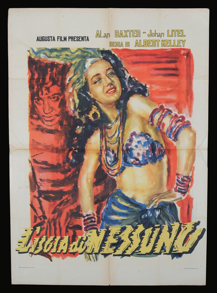 L'immagine riproduce uno dei manifesti conservati presso la Mediateca Regionale Pugliese (vedi Note). Si tratta di una delle versioni grafiche per il manifesto del film in bianco e nero "L’isola di nessuno" del 1943 per la regia di Albert Kelley. La firma che leggiamo sul lato a sinistra appartiene all’illustratore Tarquini Paolo (Tarquini), "Pittore non Pittore" come lui stesso si definì, artista che condivise la sua arte con il padre Sabatino ed i fratelli Luigi e Glauco. Anche per quest’opera lo stile dell’artista è ben riconoscibile, su tutto lo spazio grafico è evidente la sua predilezione per l’uso di una pittura sfumata e policroma, tipica degli anni Trenta. Tarquini rende l'atmosfera onirica, quasi inquietante, aiutato dall'uso dei colori sfumati e dai contorni ...