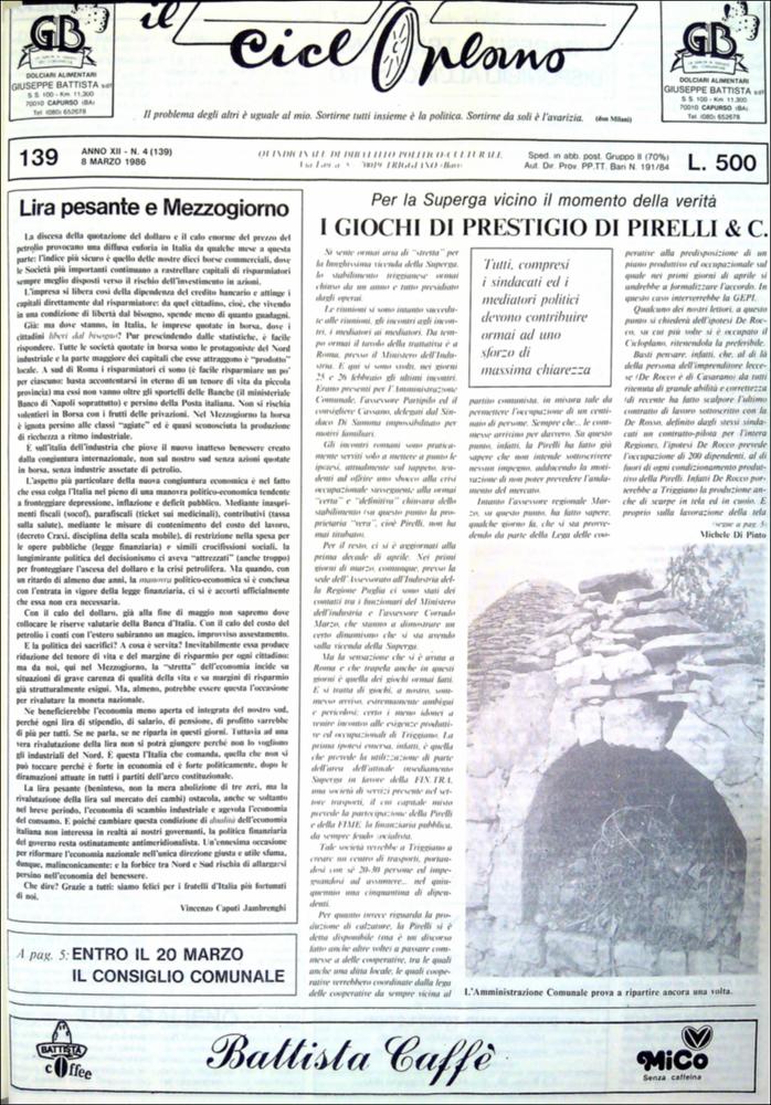 “Il Cicloplano” è un periodico della città di Triggiano (Ba), un quindicinale di dibattito politico-culturale e di cronaca locale e non solo dagli anni Settanta agli anni Ottanta.
La Fondazione Pasquale Battista si è occupata della digitalizzazione di alcuni numeri del suddetto periodico, allo scopo di conservare tale importante documentazione sulla storia di questa città.
La Fondazione, infatti, persegue la mission di incentivare la diffusione del patrimonio culturale locale e di diffondere le idee e la sensibilità dello storico Pasquale Battista, a cui la Fondazione è dedicata, per tramandare nel tempo il suo impegno sociale e la sua dedizione....