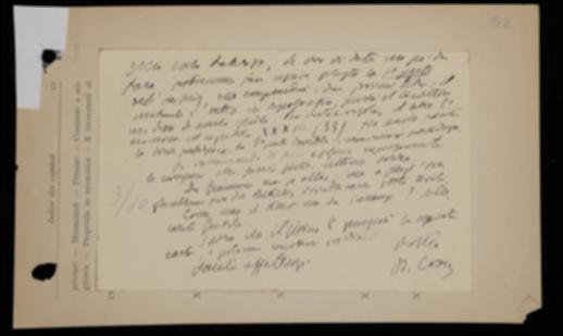 Nella cartolina, Benedetto Croce esorta Laterza ad accelerare la stampa della prima parte del volume “Nuovi saggi sull'intelletto umano” di Gottfried W. Leibniz, raccomandando di far eseguire con scrupolo le correzioni. Gli comunica poi che la tiratura del volume di George Berkeley dovrebbe essere completa e lo invita a sollecitare Giovanni Gentile per il volume di Immanuel Kant. Infine auspica il puntuale arrivo della carta per il suo volume di filosofia della pratica.