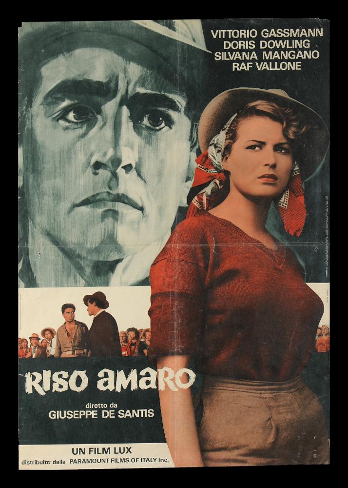 “Riso amaro” è un film drammatico del 1949 diretto da Giuseppe De Santis, su sceneggiatura di Giuseppe De Santis, Carlo Lizzani e Gianni Puccini. Tra gli interpreti principali ricordiamo Vittorio Gassman, Doris Dowling, Silvana Mangano, Raf Vallone.
Il film fu presentato in concorso al 3º Festival di Cannes e ricevette una candidatura ai Premi Oscar del 1951 per il miglior soggetto.
Il manifesto cinematografico è opera dello Studio Favalli.
Il manifesto originale è conservato nell’Archivio della Mediateca Regionale Pugliese....