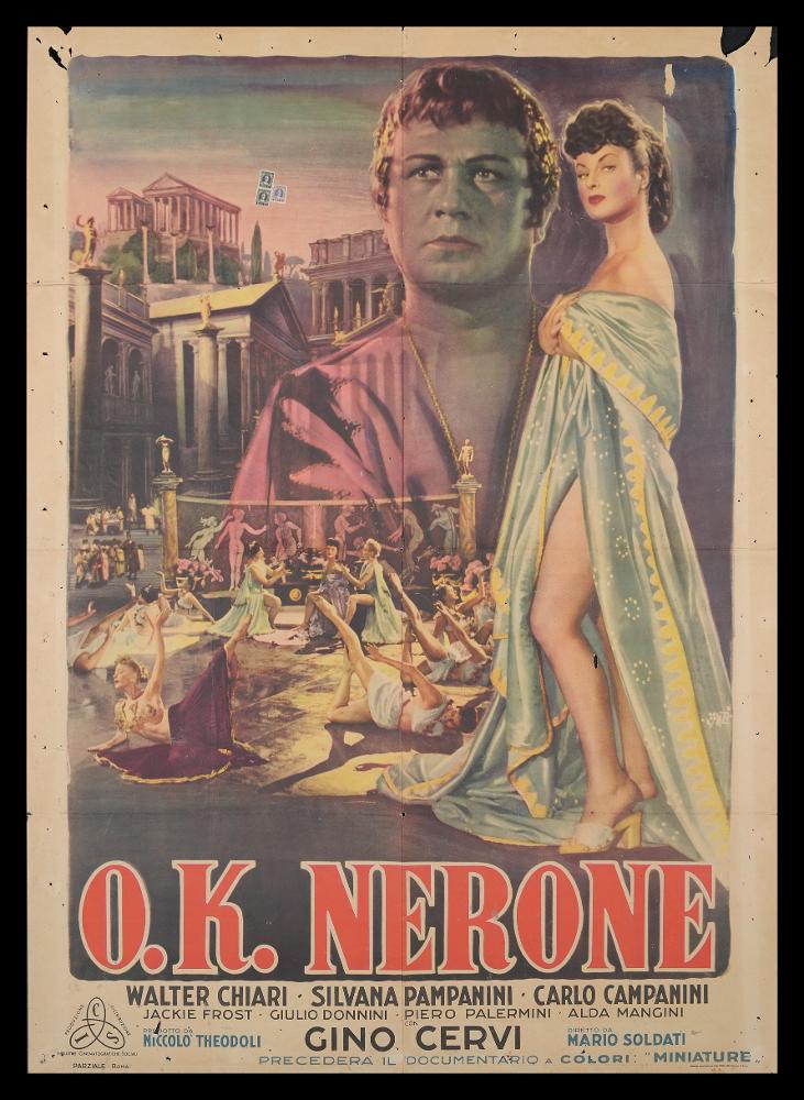 L'immagine riproduce uno dei manifesti conservati presso la Mediateca Regionale Pugliese (vedi Note). Si tratta di una delle versioni del manifesto del film "O.K. Nerone", a firma di Francesco Fiorenzi. Nella composizione si ritrovano tutte le caratteristiche stilistiche dell'artista, autodidatta trasferitosi a Roma nel periodo più florido per il cinema italiano. Fu il primo, tra i pittori di cinema dell'epoca, ad anticipare l'impianto grafico contemporaneo; si mostra così colorato (con le tipiche sfumature care a Fiorenzi), vivace e ricco di dettagli, da rendere  perfettamente l'atmosfera del film fantastico ambientato nell'antica Roma. Quello che oggi si realizza grazie a strumenti digitali, Fiorenzi lo realizzava creativamente con l'uso di forbici e colla. In quegli ...