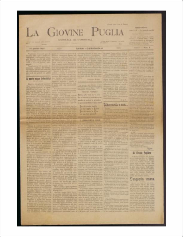 Il documento è parte della collezione del fondo libri digitalizzati della Biblioteca provinciale La Magna Capitana di Foggia, comprendente alcune monografie di diversi secoli e periodici del Novecento. Nello specifico si tratta del num. 5 dell'anno I de “La Giovine Puglia. Giornale socialista settimanale” del 27 gennaio 1907. Il periodico si apre con una riflessione sul lavoro e sulle lavoratrici. La vita operaia rinasce, si rafforza economicamente per ridare benessere al popolo ma allo stesso tempo poi l'agricoltura locale deperisce per mancanza di lavoratori perché i contadini sono propensi ad emigrare per "mettere su una discreta fortuna sufficiente ai bisogni domestici". La rubrica "Agricoltura, Industria, Commercio" continua a parlare della questione del mercato gr...