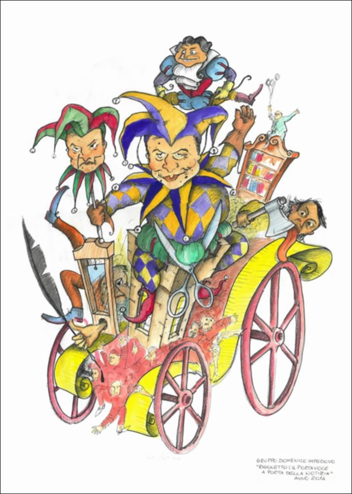 Con l’edizione 2014 il Carnevale di Putignano rende omaggio al compositore emiliano Giuseppe Verdi in occasione del bicentenario della sua nascita.
Il bozzetto preparatorio per la realizzazione del carro “Rigoletto: il PORTAvoce A PORTA della Notizia” è opera del Gruppo Domenico Impedovo.
Il “Rigoletto” è l’opera di Verdi a cui il carro si ispira: il dramma del giullare, che nasconde la verità pur di compiacere i suoi padroni e causa l’uccisione di sua figlia, vuole fare riflettere sull'attuale mondo dell’informazione, poco oggettiva e asservita alla politica.
Simbolo della satira è il “giullare” Bruno Vespa, noto giornalista e conduttore del talk show di Rai 1 “Porta a Porta”. Alle sue spalle vi è un “conte” (Conte di Monterone) a simboleggiare la figura del Direttore ...