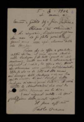 Nella cartolina, Paolo Orano ringrazia Laterza per l'invio di tre volumetti e gli propone la pubblicazione di un suo studio inedito sulla Sardegna.