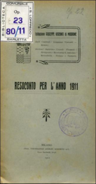 Il documento digitale riproduce l'opuscolo informativo realizzato come resoconto per l'anno 1911/1912 dai docenti dell'Istituto Giuseppe Visconti di Modrone, a seguito delle lezioni delle cattedre dislocate nel Meridione. Oltre alle materie classiche di studio, interessanti i contributi della Cattedra Ambulante contro la Malaria, lezioni che mirarono a sensibilizzare ed educare i giovani e tutta la popolazione che in quegli anni vivevano una condizione disagiata a causa della malaria, malattia particolarmente diffusa in alcune zone della Puglia. Il libretto è catalogato e conservato all'interno della Biblioteca comunale Sabino Loffredo di Barletta insieme ad altri opuscoli risalenti al primo decennio del Novecento.
