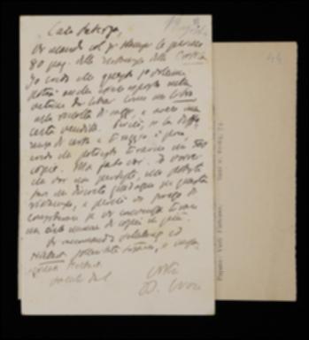 Nella cartolina, Benedetto Croce comunica a Laterza di aver licenziato una prima parte della ristampa del suo periodico e gli suggerisce di aumentarne la tiratura. Poi lo invita a proseguire l'impaginazione del volume “Introduzione alla filosofia” di Johann F. Herbart e a sollecitare il curatore del volume di Friedrich W.J. Schelling.