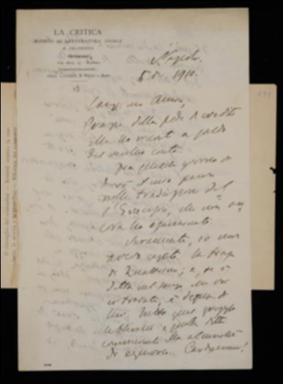 Nella lettera, Benedetto Croce, inviando il resto del manoscritto per il volume di Giambattista Vico, a Giovanni Laterza comunica di non aver ancora esaminato il saggio di traduzione del volume di Ralph W. Emerson. Rispondendo inoltre ad una missiva dell'editore, replica ad alcune affermazioni di Attilio Quattrini; infine fa presente di aver concluso con la famiglia Dell'Erba il contratto d'acquisto della casa.