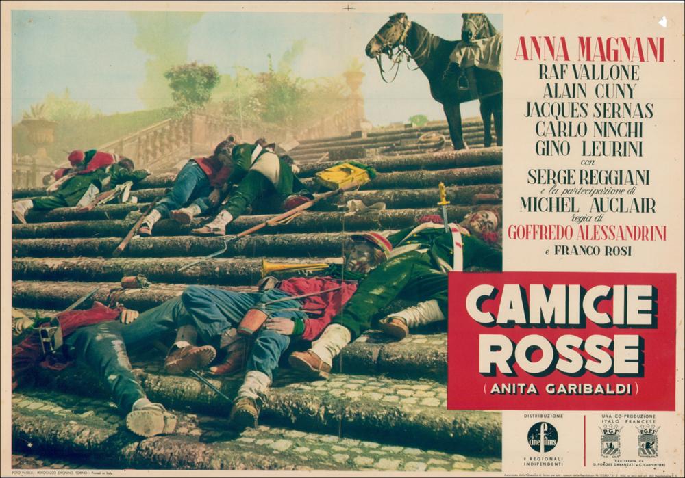 L'immagine digitale riproduce il manifesto cinematografico del film “Camicie rosse” elaborata in occasione della mostra "Cinema 150 anni. Mostra di manifesti cinematografici d'epoca sul Risorgimento". La mostra, allestita negli spazi della Mediateca Regionale di Bari, è stata realizzata nel 2011 dall'Ufficio Attività culturali e audiovisivi, afferente al Servizio Cultura e Spettacolo della Regione Puglia, in occasione delle celebrazioni dei 150 anni dell'Unità d'Italia. La fotobusta, realizzata nel 1952 per promuovere il film, ripropone in primo piano l'immagine cruenta di alcuni garibaldini esanimi colpiti violentemente dalle truppe austriache. La scelta di utilizzare un rosso scarlatto per definire lo sfondo su cui si distribuiscono i caratteri grafici del titolo semb...