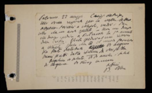 Nella cartolina, Benedetto Croce comunica a Laterza che al suo ritorno a Napoli esaminerà i due libri inviatigli; come pure da Napoli spedirà i fascicoli richiesti del suo periodico, a proposito del quale auspica che il nuovo fascicolo sia stato distribuito e che la pubblicità sia fruttuosa.