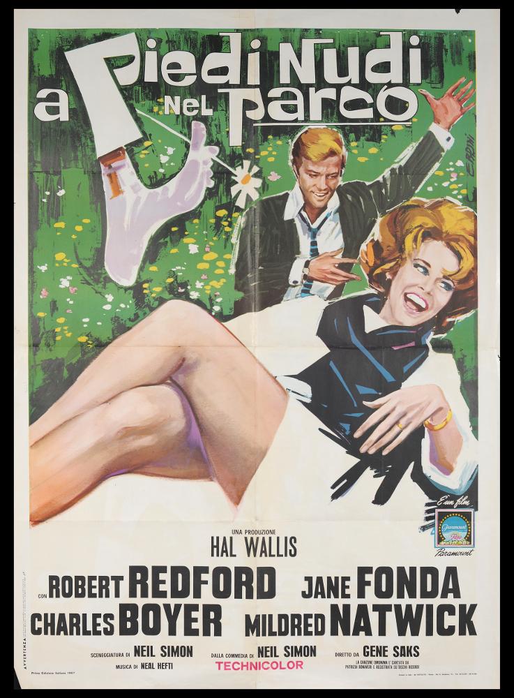 L'immagine riproduce uno dei manifesti conservati presso la Mediateca Regionale Pugliese (vedi Note). Si tratta delmanifesto del film "A piedi nudi nel parco", la cui illustrazione è a firma di Ercole Brini. Delicato in tutte le composizioni pittoriche che contraddistinguono le sue opere, Brini prediligeva l'uso degli acquerelli, tecnica che gli permetteva di creare racconti in cui le figure si fondono al paesaggio, figure diverse si fondono una nell'altra, in atmosfere impalpabili e ricche di fascino. La composizione ideata per questo film sentimentale americano è fresca, allegra e moderna, differenziandosi così dalle sue tipiche scenografie pittoriche ricche di una malinconica poesia. Il lettering del titolo completa l'insieme: un'illustrazione per immagini, concepita...