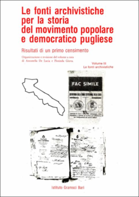 Il volume è parte della grande raccolta denominata “Libri di Puglia”, progetto di digitalizzazione a cura di Nicola Pergola che ha lo scopo di rendere fruibile la produzione editoriale dei Centri regionali di servizi educativi e culturali e degli Assessorati alla cultura e alla Pubblica Istruzione della Regione Puglia, dal 1968 agli anni 2000. A conclusione di una indagine avviata e condotta con l'Assessorato alla Cultura della Regione Puglia, il volume si raccorda a due pubblicazioni, La stampa democratica pugliese nel primo e nel secondo dopoguerra e Memoria operaia e contadina in Puglia nel primo e nel secondo dopoguerra. Dando conto dei documenti conservati da istituti pubblici e privati pugliesi – soprattutto gli Archivi di Stato di Bari, Foggia e Lecce – e di quel...