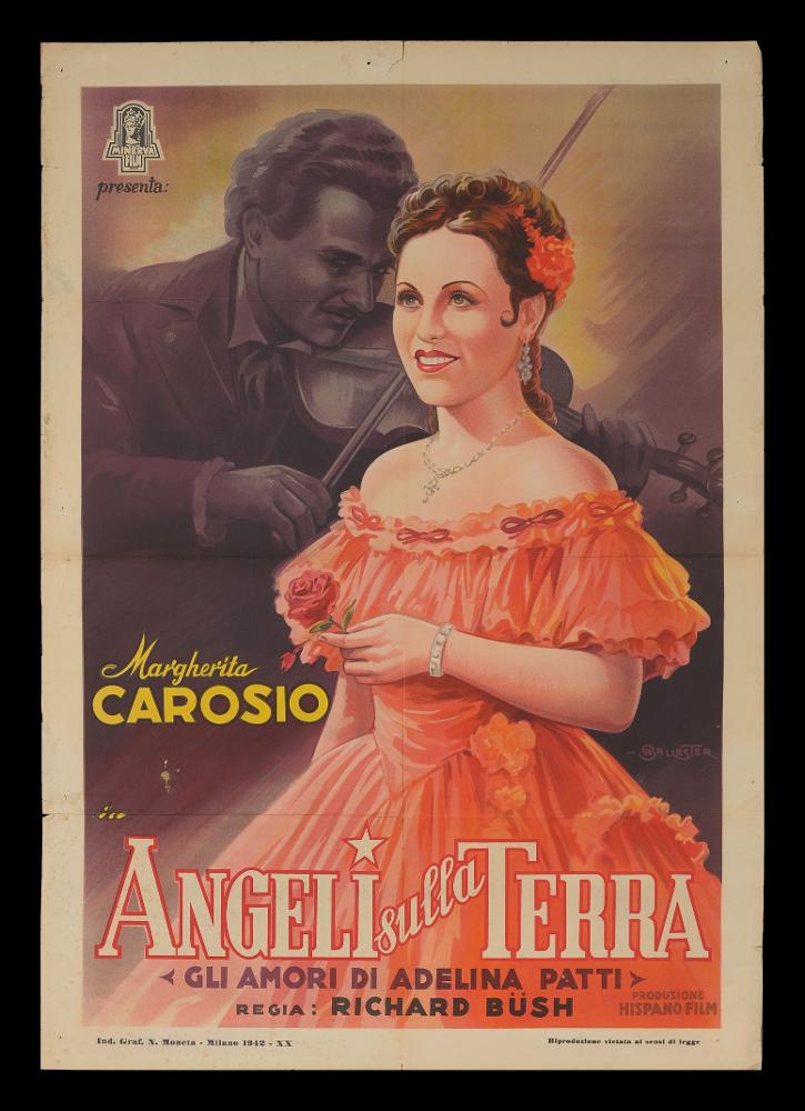 L'immagine riproduce uno dei manifesti conservati presso la Mediateca Regionale Pugliese (vedi Note). Si tratta di uno dei manifesti del film “Angeli sulla terra – Gli amori di Adelina Patti” del 1942 per la regia di Richard Bush. La firma che leggiamo in basso a destra è dell’illustratore Anselmo Ballester. Classe 1897, spagnolo di origine, è considerato uno dei capostipiti della pittura di cinema, formatosi presso lo studio pubblicitario dedicato al cinema fondato dal padre Federico insieme a Martinati e Capitani, il primo assoluto in Italia. Per il manifesto in oggetto, Ballester rende a colori due scatti tratti dalle scene del film in bianco e nero: in primo piano la bellissima Margherita Carosio nei panni della soprano Adela Juana María "Adelina" Patti, di origine ...