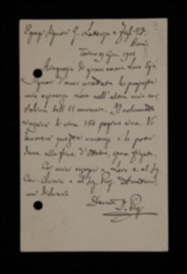 Italo Pizzi, ringraziando Laterza per aver accettato le condizioni comunicate con un'altra sua cartolina datata 11 giugno 1901, prevede la consegna del manoscritto entro la fine di ottobre.