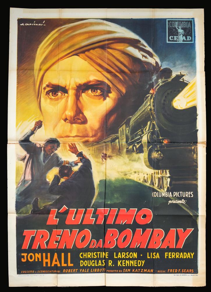 L'immagine riproduce uno dei manifesti conservati presso la Mediateca Regionale Pugliese (vedi Note). Si tratta di una delle versioni grafiche per il manifesto del film "L’ultimo treno a Bombay" del 1952 per la regia di Fred F. Sears. La composizione grafica è a firma di Capitani Alfredo (A. Capitani), illustratore e cartellonista cinematografico tra i più importanti sulla scena italiana tra gli anni cinquanta e settanta del Novecento. Capitani fondò uno studio nel 1919 per la realizzazione di manifesti pubblicitari e poi con Luigi Martinati una società per il lancio di pellicole cinematografiche. Il suo stile richiama quello di Ballester, con un uso di colori luminosi e sfumati con effetti di mirabile enfasi pittorica. In linea con gli altri manifesti dell’artista, anc...