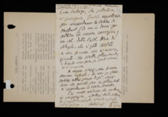 Nella cartolina, Benedetto Croce informa l'editore Laterza che Giovanni Gentile è impossibilitato ad inviargli le bozze del volume di Johann F. Herbart e lo invita a sollecitare Michele Losacco a spedirgli quelle del volume di Friedrich W.J. Schelling. Infine, esorta l'editore a rifornire di altre copie del suo volume la libreria di Luigi Pierro.