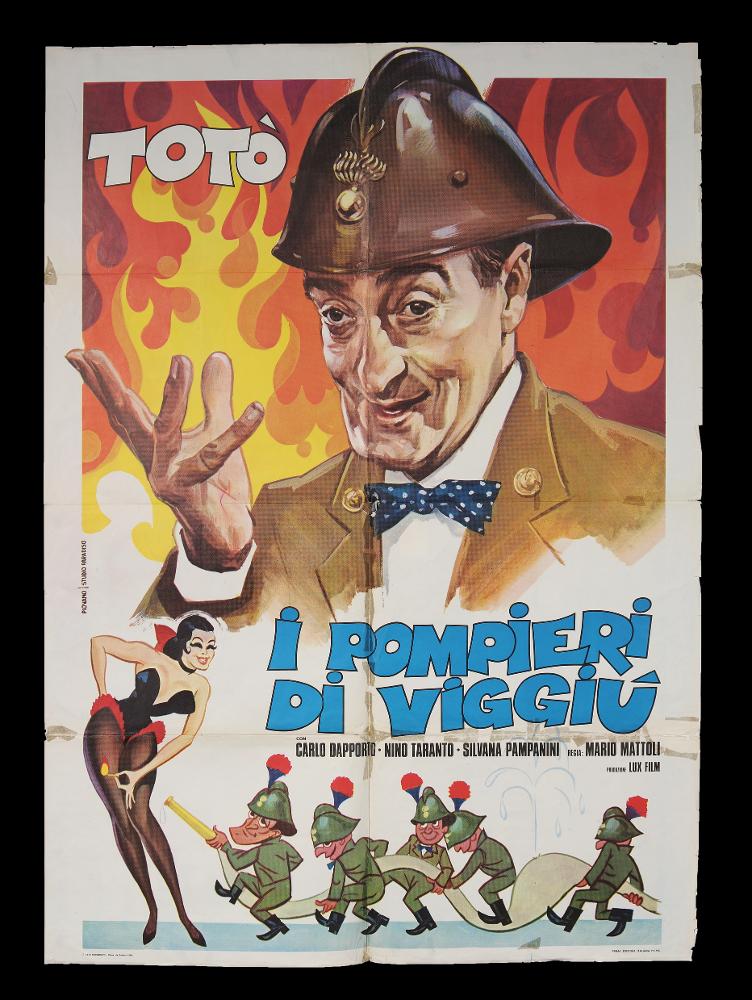 L'immagine riproduce uno dei manifesti conservati presso la Mediateca Regionale Pugliese (vedi Note). Si tratta del manifesto del film "I pompieri di Viggiù", a firma di Piovano per lo Studio Paradiso, con il quale realizzerà molti manifesti per il cinema. Tutta la composizione di Piovano, fresca e colorata, risalta il ruolo e la figura dell'attore, che occupa quasi tutto lo spazio tra le fiamme rosse, un elemento che non sembra drammatico, piuttosto aumenta l'ironia e la giocosità della commedia. Il volto di Totò è realistico e goliardico, al di sotto le figure invece sono rese in stile fumettistico. Non manca la figura femminile in stile pin-up che accende tutta la scena con il fiammifero in mano. Dello stesso film si conserva anche la versione realizzata dall'artista...