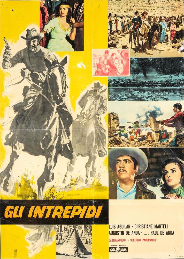 L'immagine riproduce uno dei manifesti conservati presso la Mediateca Regionale Pugliese (vedi Note). Si tratta di una delle versioni grafiche delle fotobuste del film messicano “Gli intrepidi” del 1968, per la regia di Raúl de Anda. La composizione può essere divisa graficamente in due parti, sul lato destro si susseguono quattro fotografie di scena, mentre sul lato sinistro, oltre una piccola fotografia in alto, ritroviamo, su uno sfondo giallo, una illustrazione di due uomini a cavallo in bianco e nero, sembra essere una bozza a matita. Nella parte inferiore abbiamo sia il titolo che i credits e i nomi degli attori, suddivisi anche questi nelle due metà della fotobusta....