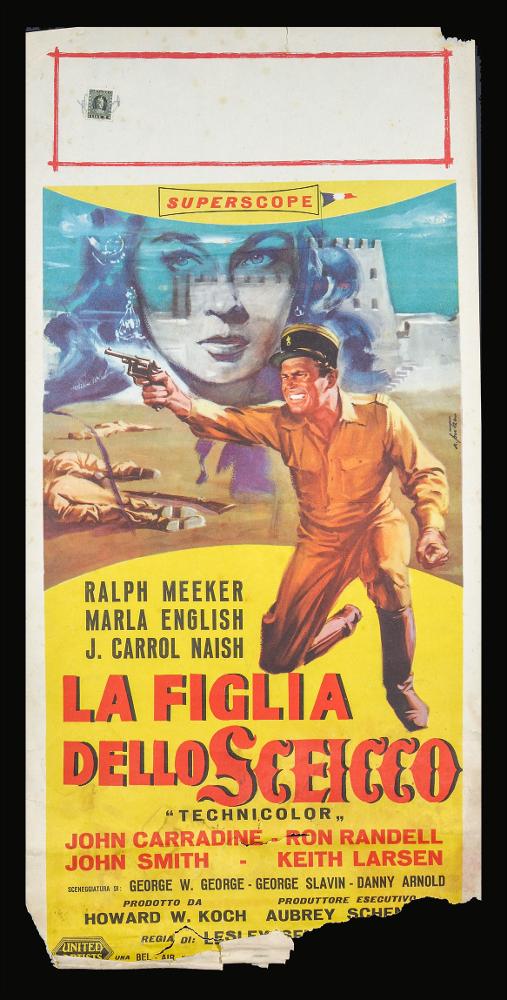 “La figlia dello sceicco” (titolo originale “Desert Sands”) è un film di avventura del 1956, diretto da Lesley Selander, su sceneggiatura di George W. George, George F. Slavin e Danny Arnold, con Ralph Meeker e Marla English.
Il manifesto cinematografico è firmato da Arnaldo Putzu, celebre illustratore romano, collaboratore di Enrico De Seta e dello studio Favalli. Lo stile di Putzu è riconoscibile per la drammaticità del momento rappresentato, visibile nel ritratto del protagonista in primo piano, caratterizzato da un’intensa espressività del volto. In secondo piano il ritratto, reso in trasparenza sui toni dell’azzurro, della bellissima principessa Zara (Marla English).
Il manifesto originale è conservato nell’Archivio della Mediateca Regionale Pugliese....