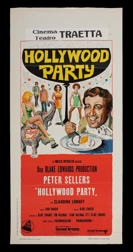 L'immagine riproduce uno dei manifesti conservati presso la Mediateca Regionale Pugliese (vedi Note). Si tratta di una delle versioni grafiche realizzate per la locandina del film americano “Hollywood Party”, a firma dell'illustratore Avelli. Con il suo stile grafico, asciutto e colorato, l'artista concepisce una composizione ricca di personaggi. Spicca su tutti il volto di Peter Sellers, poliedrico attore britannico noto per il personaggio dell'Ispettore Clouseau, che Avelli qui ritrae in una delle sue tipiche smorfie comiche. L'artista cerca di rendere l'atmosfera comica del film, basato sulle vicende surreali di un giovane attore indiano durante un party modaiolo organizzato da un produttore cinematografico. Tutta la composizione è arricchita dal grande titolo in alt...