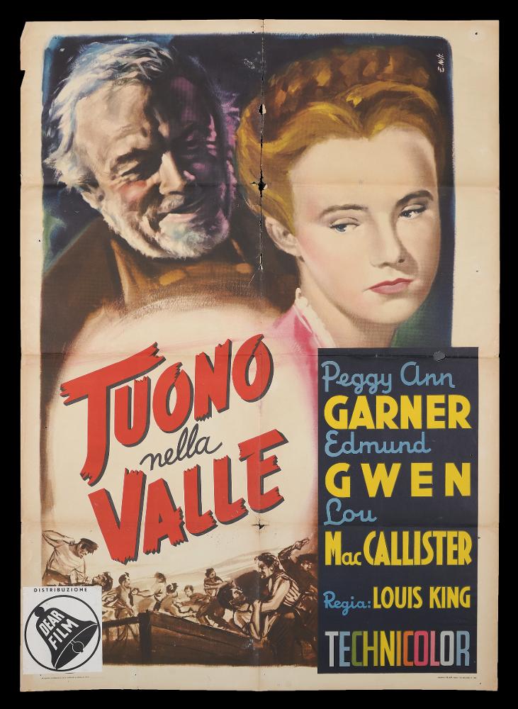 L'immagine riproduce uno dei manifesti conservati presso la Mediateca Regionale Pugliese (vedi Note). Si tratta del manifesto del film "Tuono nella Valle", a firma di E. Nist., iniziali che possono indurre ad associarle al più noto Enzo (Lorenzo) Nistri, ma che nessuna fonte può confermare. La composizione sembra inserirsi nella più ampia produzione pittorica per il cinema del periodo; il titolo è ben in evidenza, racchiuso in una luce che sembra richiamare un "tuono" che illumina le figure rappresentate in un bel gioco di luci piene e chiaroscuri....