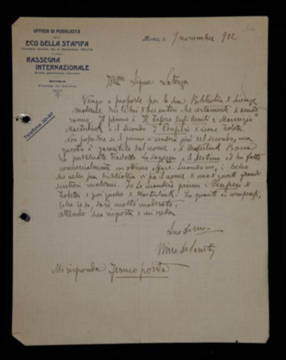 Nella lettera, Nino De Sanctis propone a Laterza la pubblicazione, nella collana "Biblioteca di Scienze Moderne", della sua traduzione delle opere il "Il tesoro degli umili", dello scrittore belga Maurice Maeterlinck e de "I pensieri" di Leone Tolstoj.