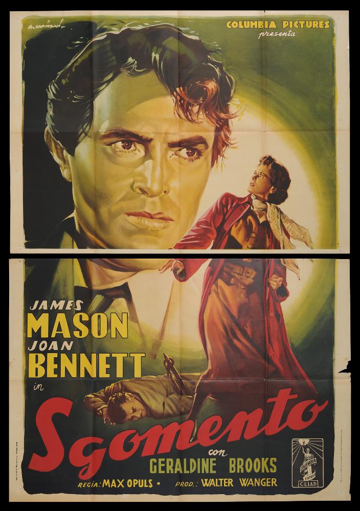 Sgomento, celebre anche come "The Reckless Moment", è un film americano di genere noir del 1949 diretto da Max Ophüls, con la sceneggiatura di Henry Garson, Robert Soderberg e Mel Dinelli.
Gli interpreti principali sono James Mason, Joan Bennet, Geraldine Brooks, Henry O'Neil. Il manifesto cinematografico è firmato dal pittore di cinema Alfredo Capitani (1895-1985), noto per la sapienza nell'uso dei colori luminosi e sfumati e per le sue composizioni dinamiche. Il contrasto cromatico delle diverse tonalità dei verdi, gialli e rossi accentua l'enfasi pittorica tipica del maestro....
