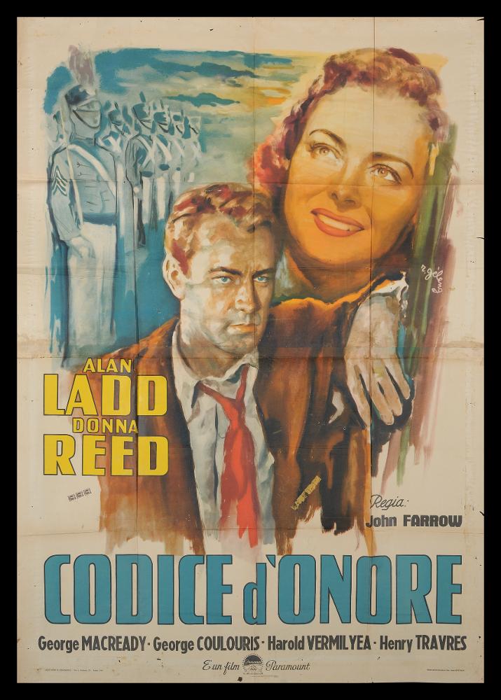 L'immagine riproduce uno dei manifesti conservati presso la Mediateca Regionale Pugliese (vedi Note). Si tratta della versione grafica per il manifesto di "Codice d'onore", film drammatico americano degli anni ’40, a firma di Rinaldo Gèleng. Artista poliedrico ed eclettico, dopo gli studi d'arte, visse e lavorò per molti anni a Parigi, poi a Milano dove realizzò una serie di copertine per Mondadori e infine a Roma, dove creò alcuni manifesti per i film di Fellini. Il suo stile fresco e pittorico è fatto di pennellate liquide e sfumate, con spunti grafici originali, composizioni personali, in cui rivela la sua dote di ritrattista. Gèleng organizza la composizione dividendo graficamente lo spazio come in più parti, in cui convivono il volto solare, dalle tinte arancio, di...