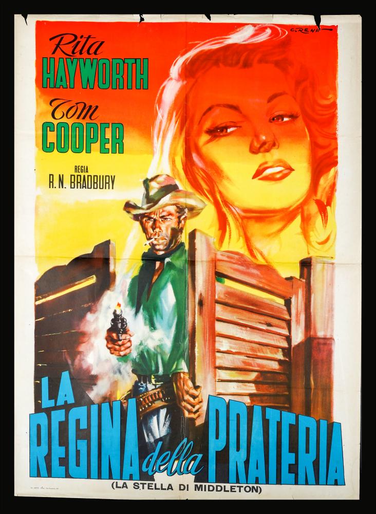 “La regina della prateria” (altri titoli: “La stella di Middleton”, “Fiamme nel Texas” titolo originale: “Trouble in Texas”) è un film statunitense del 1937 diretto da Robert N. Bradbury con Rita Hayworth, Tex Ritter e Tom Cooper.
Il manifesto cinematografico è a firma C. Renè, pseudonimo del celebre pittore di cinema Renato Casaro, uno tra i maggiori rappresentanti della grafica e del manifesto. Nato a Treviso nel 1935 comincia la sua carriera artistica da autodidatta ma in breve arriva a sviluppare un proprio stile di grande eleganza e raffinatezza formale. Tecniche diverse si mescolano nel suo linguaggio innovativo che si caratterizza sia per l’uso del pennello sia per quello dell’aerografo che gli consentirà di ottenere effetti sfumati e volumetrici di grande intens...
