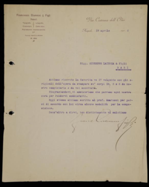 Nella lettera, Francesco Giannini informa a Laterza di aver ricevuto gli originali dell'opera da stampare con l'indicazione dei caratteri scelti e informa l'editore di aver preso accordi con Amatucci per la composizione del volume.