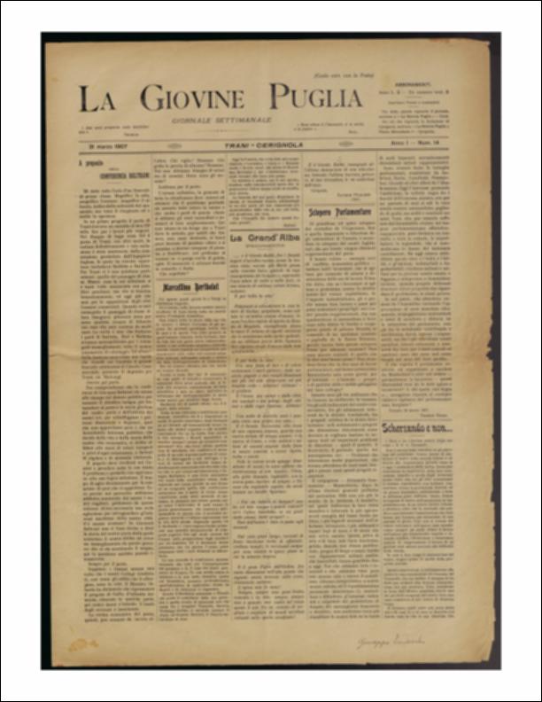 Il documento è parte della collezione del fondo libri digitalizzati della Biblioteca provinciale La Magna Capitana di Foggia, comprendente alcune monografie di diversi secoli e periodici del Novecento. Nello specifico si tratta del num. 14 dell'anno I de “La Giovine Puglia. Giornale socialista settimanale” del 31 marzo 1907. Si ritorna ancora a parlare in prima e seconda pagina del porto di Trani e del sussidio da ricevere per i lavori più urgenti, con una conferenza tenuta da Giovanni Beltrani in cui si raccontò la storia del porto. Tutta la cittadinanza si unisce al desiderio di riavere il proprio porto con un'azione collettiva di protesta per richiedere aiuti immediati per i lavori di miglioramento. La Cronaca di Trani continua in terza pagina con quella dedicata ai ...