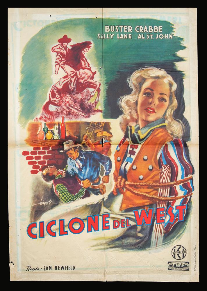 L'immagine riproduce uno dei manifesti conservati presso la Mediateca Regionale Pugliese (vedi Note). Si tratta della versione grafica realizzata per il manifesto del film "Il ciclone del West", a firma dell'illustratore Mario Tempesti. Originario di Trieste, l'artista è famoso per aver illustrato La "Domenica del Corriere" e molte copertine di libri di Oscar Mondadori. Prestò poi la sua opera per il cinema, creando composizioni pittoriche anche per i manifesti. Riuscì ad interpretare l'immaginario popolare dello stile di Hollywood, partendo dalle ispirazioni avute dallo stile di Achille Beltrame. In questa composizione ricca di vivaci note cromatiche l'artista adotta un linguaggio figurativo chiaro, creando più momenti narrativi e suggestioni western, dai costumi ricch...